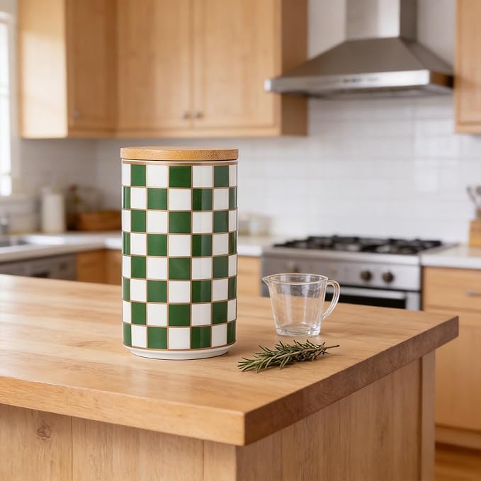 Kitchen Countertop Ceramic Checkered Canisters,Black And White Food Storage Containers With Lid,Airtight Kitchen Canisters for Flour, Sugar, Coffee, Tea, and Dry Goods (Green, Large)