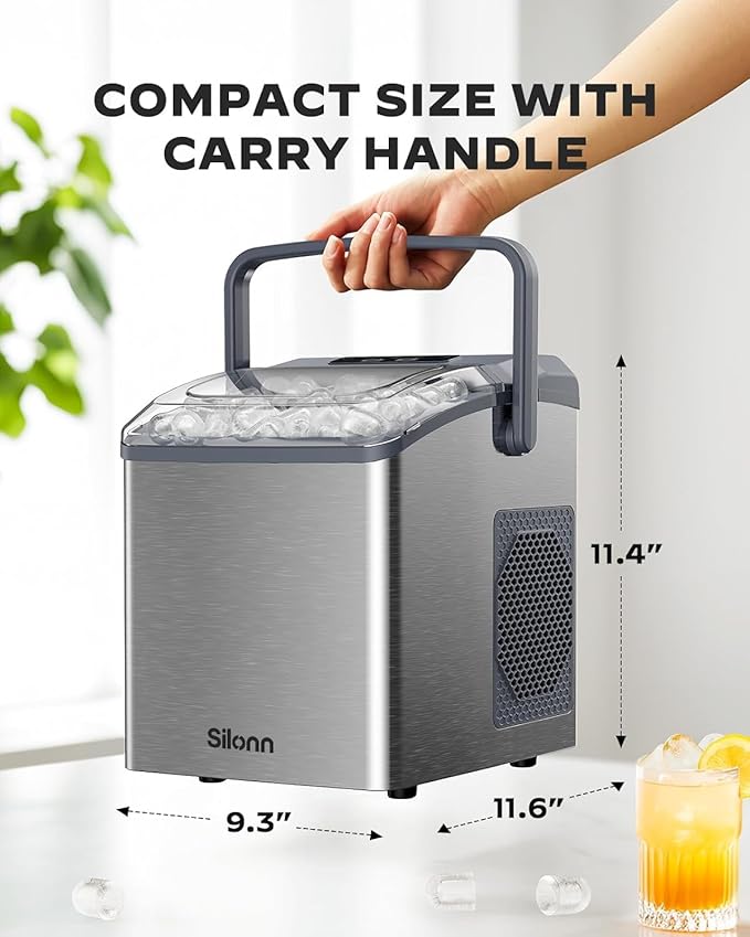 Silonn Stainless Steel Countertop Ice Maker, 26 lbs/Day Fast Ice Production in 6 Mins, Self-Cleaning Compact Ice Machine for Home, Kitchen, Office & Parties