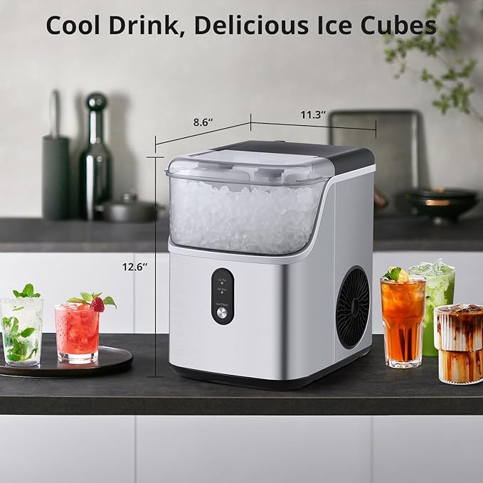Nugget Ice Maker 36Lbs/24H Countertop Chewable Ice Machine, Self-Cleaning, Low Noise Stainless Steel Soft Ice Cubes Machine for for Home, Office, RV (Silver)