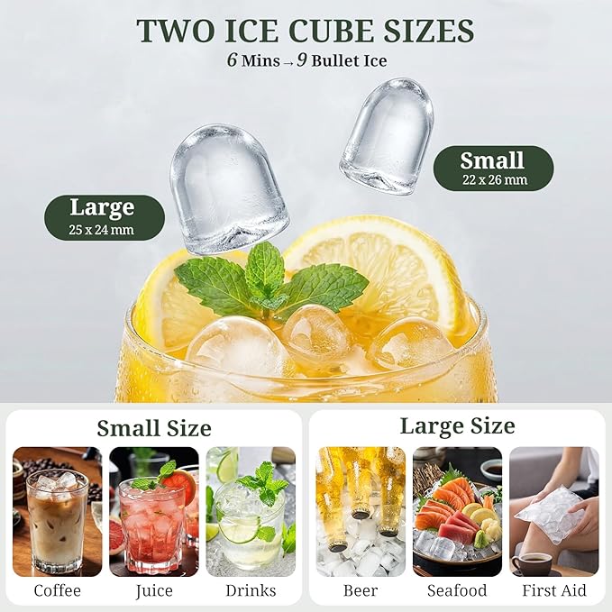 Ice Maker, Portable Ice Makers Countertop with Handle, Basket & Scoop, 26Lbs/24Hrs, 9 Bullet Ice Cubes in 6 Mins, 2 Ice Sizes, Self-Cleaning, Quiet Compact Ice Machine for Home Kitchen Party, Black