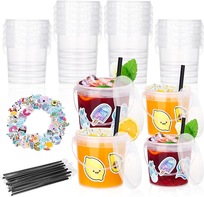 30 Pcs Drink Buckets with Lids and Straws for Parties 15x 23oz + 15x 32oz Cocktails Buckets Reusable Clear Plastic Food Containers with 50 Pcs Summer Stickers