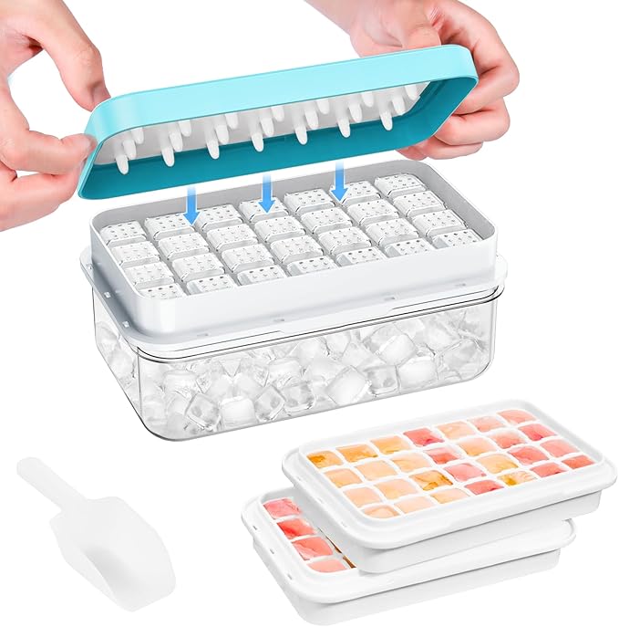 Ice Cube Tray with Lid and Bin, PHINOX 56 pcs Ice Trays for Freezer, Ice Cube Trays for Freezer with 2 trays, Container, Lid & Ice Scoop, BPA Free