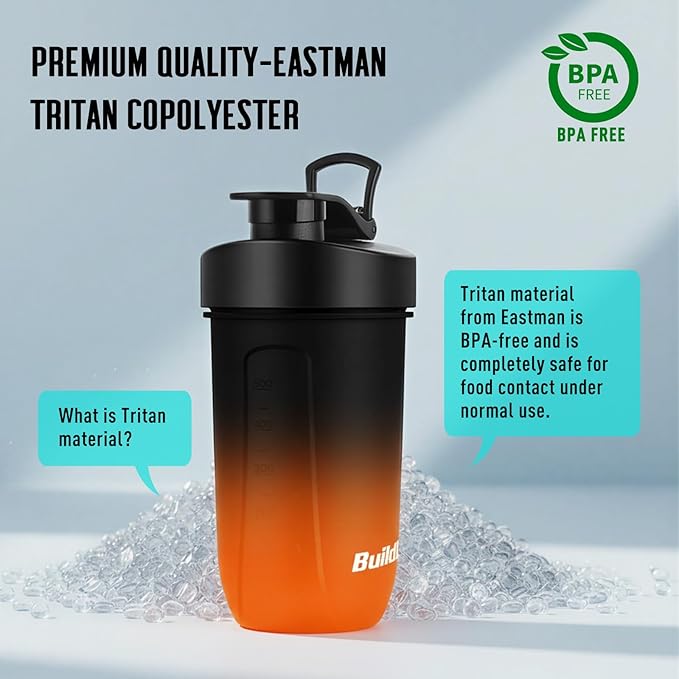 BuildLife Protein Shaker Bottle, 20oz Tritan Shaker Cup with Silent Mixing Grid – Lump Free Shakes 600ML for Pre Workout Protein & Smoothies, BPA-Free Leakproof Dishwasher Safe (BlackOrange)