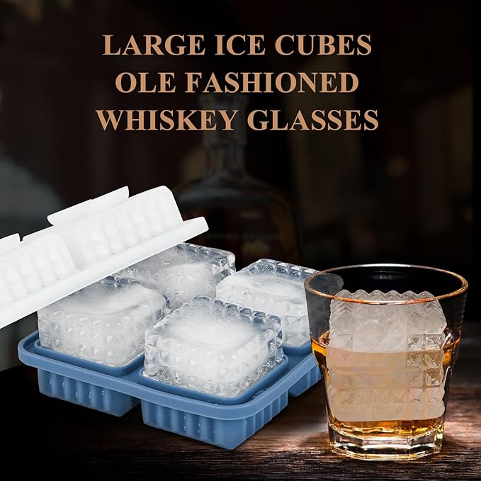 2-Inch Whiskey Ice Cubes Mold,Silicone Ice Cube Trays with Lid | Diamond Textured Large Square Ice Cube Mold,Bourbon Ice Cube Molds,Ice Trays-Ice Molds for Whiskey,Cocktails,Blue