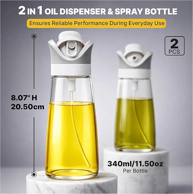 2 In 1 Oil Dispenser And Spray Bottles, Two 11.5 Oz Bottles, Glass Olive Oil Sprayer For Cooking, Baking, Air Fryer, Salad And BBQ, Controlled Pour And Spray