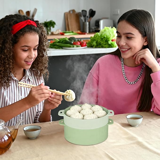 Silicone Microwave Steamer - Microwave Pot Steamer Basket Bowl for Baby Food, Vegetables & Dumplings, Compact & Lightweight Design, Oven & Dishwasher Safe (Green, Double-Layer)
