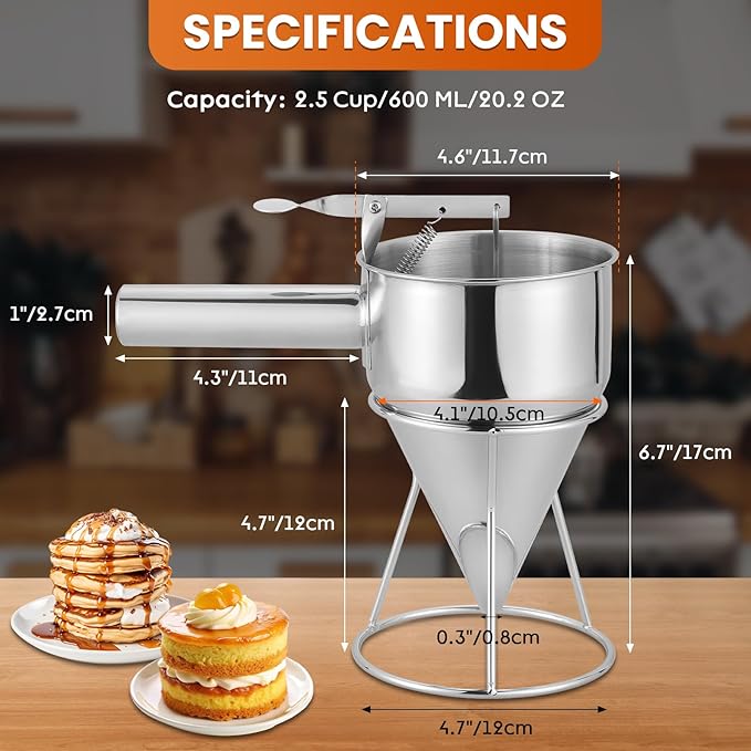 600ML/20OZ Stainless Steel Pancake Batter Dispenser, Piston Funnel Dispenser with Stand Detachable Handle for Takoyaki Baking Cake Desserts
