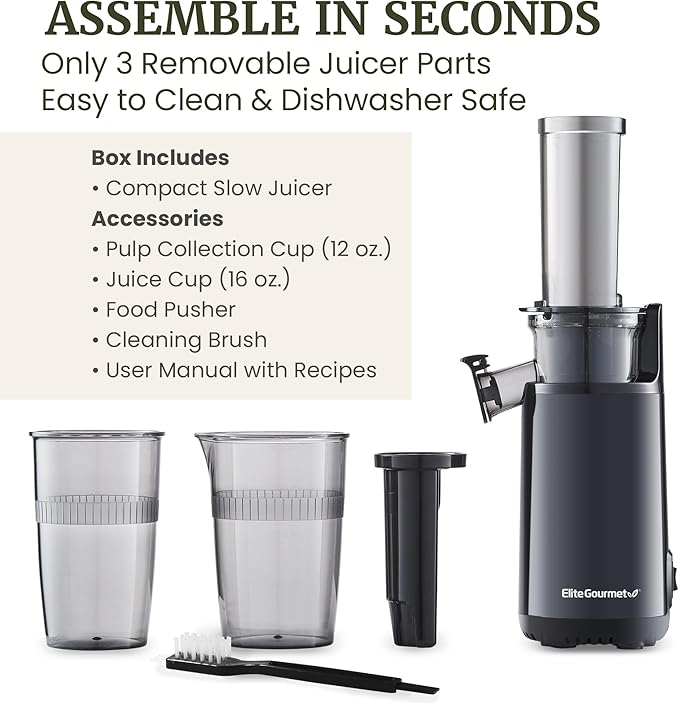 Elite Gourmet EJX600 Mini Compact Small Space-Saving Masticating Slow Juicer Cold Press Juice Extractor, Nutrient and Vitamin Dense, BPA-Free Tritan, Easy to Clean, 16 oz Juice Cup, Charcoal Grey