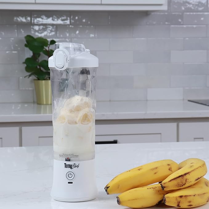 Total Chef Portable Blender - For Smoothies & Protein Shakes, USB Rechargeable Cordless Mini Travel Mixer, Personal Juicer, Ice Crusher, Blender Bottle for Home & Kitchen, 20oz, White