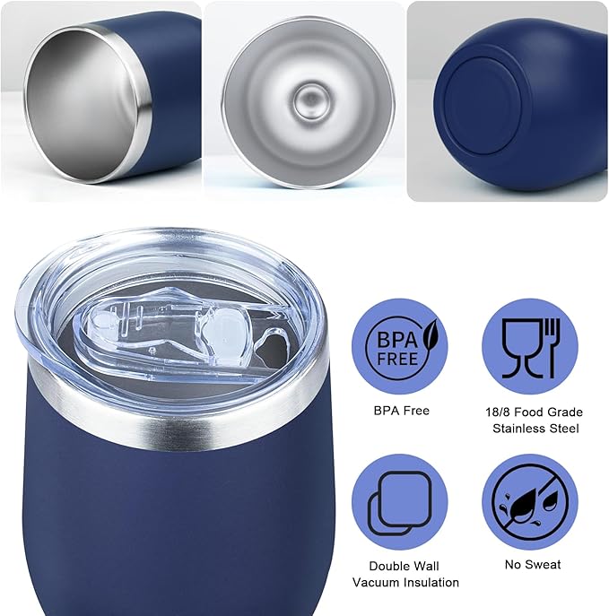 MEZMUT 12 Oz Insulated Wine Tumbler with Lid Double Wall Vacuum Stainless Steel Wine Glass Coffee Mug Insulated Tumbler Cup for Champaign, Cocktail, Beer (Navy, 4 Pack)