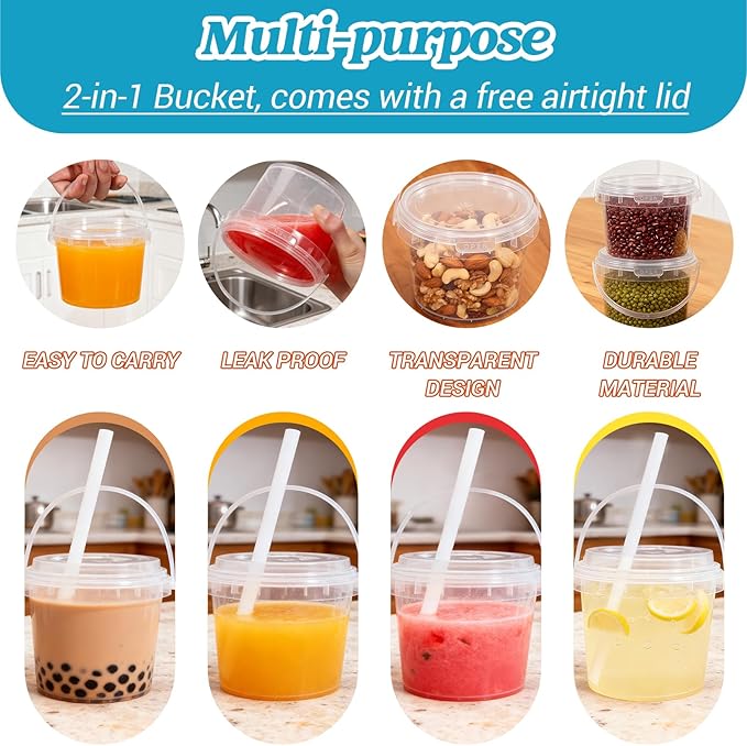 Clear Plastic Cups with Lid and Straw, Reusable Drink Bucket with Handle for Iced Coffee, Smoothie, Ice Cream - Sturdy Food Safe Party Cups for Pool, Beach, Birthday Parties (10, 16 oz)