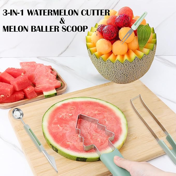 3-in-1 Watermelon Cutter Slicer Tool,Stainless Steel Watermelon Cutter Melon Baller Scoop Set Chriatmas Tree Popsicle Tool Watermelon Knife Fruit Slicer Fruit Carving Tools for Kitchen Utility Gadgets