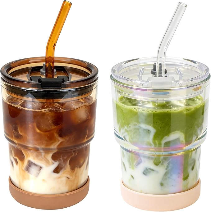 Zukro 13 oz Glass Iced Coffee Cups with Lid and Straw, Leak Proof Glass Tumbler for Ice Tea, Water, Non-Slip Silicone Bottom, Thick Wall Drinking Glasses for Home/Office, BPA Free, Amber & Shrimmer