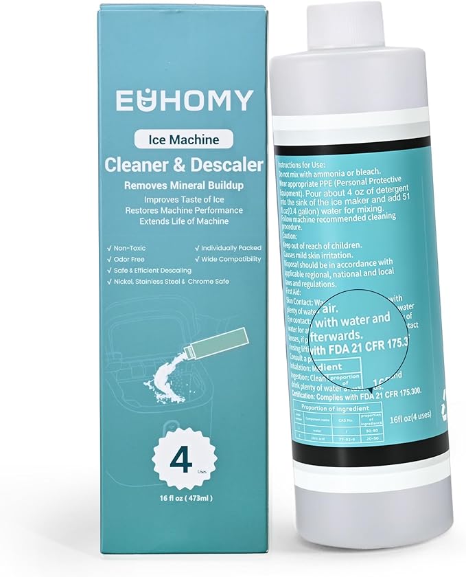 EUHOMY Ice Machine Cleaner Descaler, 16 Fl OZ Ice Maker Cleaner (4 Uses Per Bottle), Ideal Universal Descaling Solution for All Brands Ice Maker, Single Use Coffee and Espresso Machines