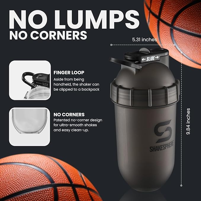 SHAKESPHERE Shaker Bottle - 24oz Leak Proof Protein Shaker Bottle for Pre Workout, Smoothie, and Powder Drink Mixes, No-Blade Mixer for Gym, BPA-Free, Easy Clean & Easy to Carry (Frosted Black)