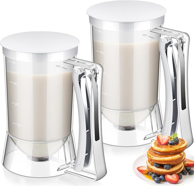 FillTouch 2 Pcs Cupcake Batter Dispenser Pancake Mix Dispenser 4 Cups with Squeeze Handle Tools for Pancake, Cupcake, Cookie, Cake, Waffles, Ice Cream Baking Gifts for Kitchen Housewarming (White)