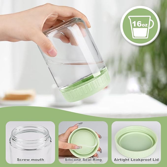 SHOWIN Overnight Oats Containers with Lids, 16oz Glass Jars with Lids 2 pcs, Light Green, Wide Mouth Mason jars for Salad, Yogurt, Snacks, Meal Prep