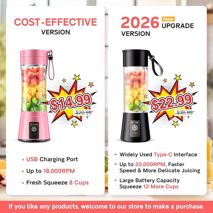 Cordless Portable Blender for Smoothies & Shakes - Personal Size Blender Lightweight & Rechargeable, 380Ml BAP Free Juice Cup with 6 Blades, Freshly Squeezed for Sports/Picnic