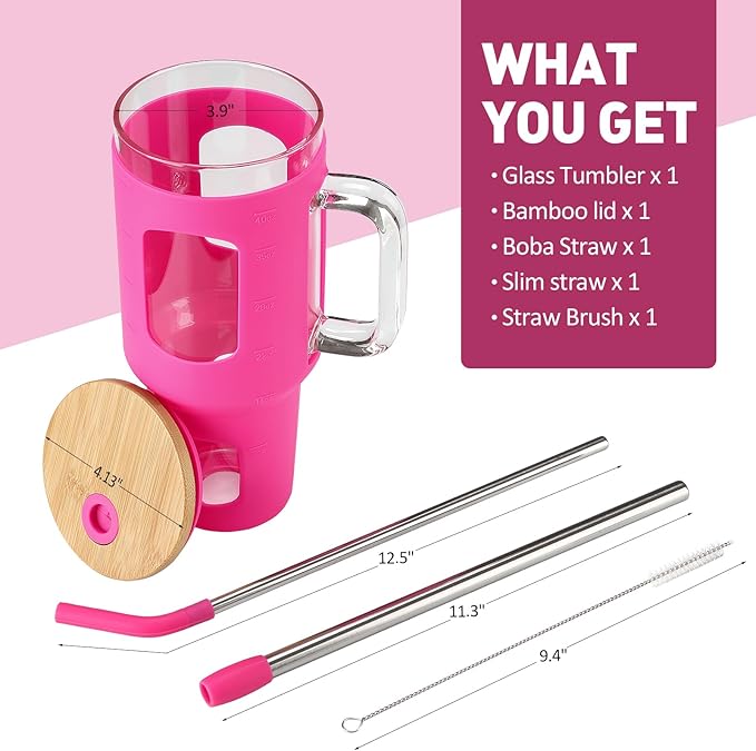 WINSA Glass Tumbler with Straw and Lid, 40 oz glass cup with handle, Glass Water Bottles with Time Marker, Silicone Protective Sleeve-Rose Red