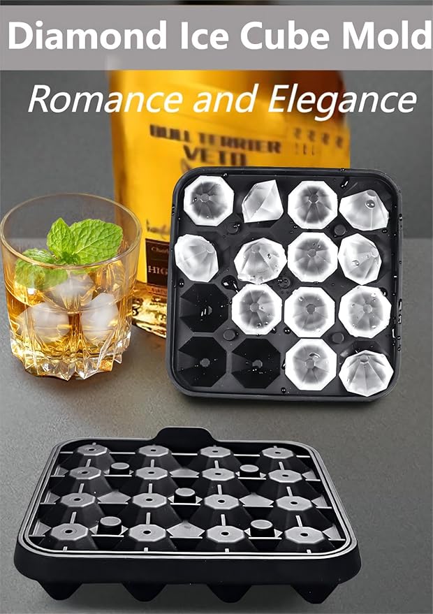 Tiny Diamond Ice Molds 2 Pack, Small Diamond-Shaped Silicone Ice Cube Trays 16 Cubes Per Tray, Easy Release, BPA-Free Mini Ice Cube Trays with Lid