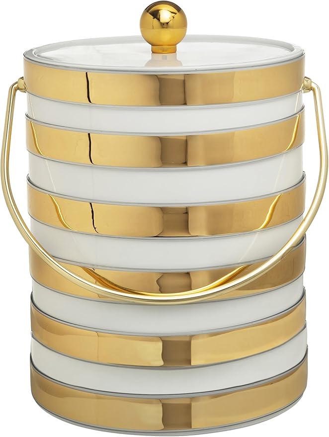 Made In USA Metallic Deco Collection Double Walled Insulated Ice Bucket With Ice Tongs (5-Quart, White & Gold Stripes)