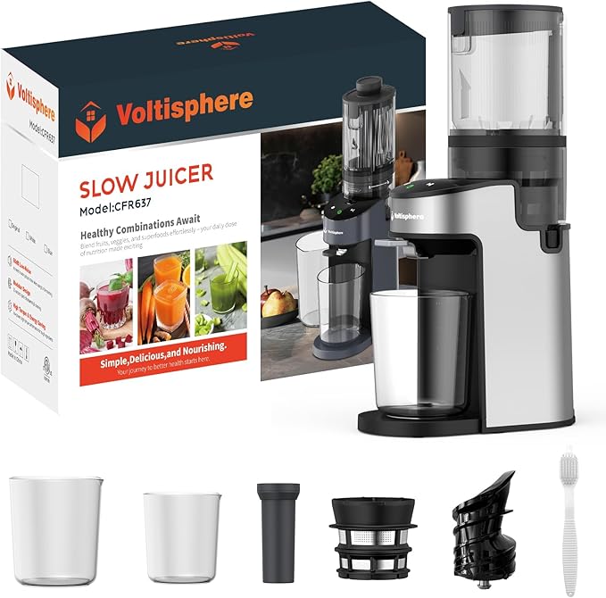CFR637 Juicer Machines,400W Cold Press Juicer,4.9"Wide Feed Chute Slow Masticating Juicer for Whole Vegetables & Fruits,High Juice Yield,Easy to Clean,Advanced Touch Sensing Switch(Silver)