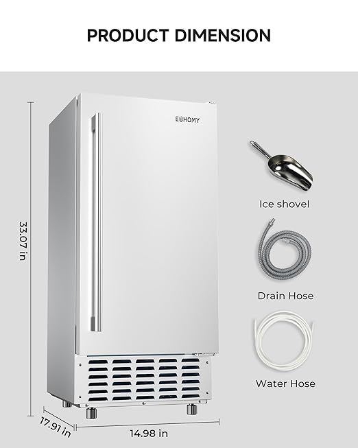 EUHOMY Under Counter Nugget Ice Maker, 49 lbs/Day Built-in or Freestanding Ice Machine with Double Ice Baskets, Self-Cleaning & 24H Timer, Home Use, Silver