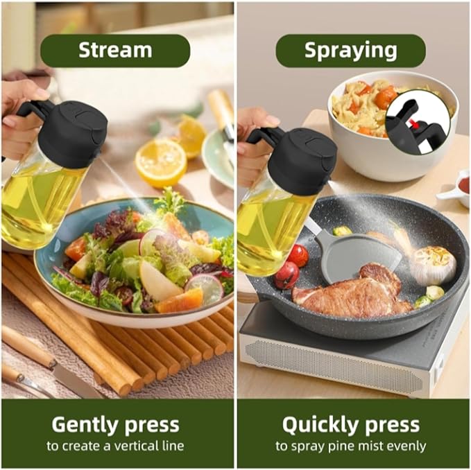 Oil Sprayer and Dispenser 2-in-1, 16oz/470ml Glass Bottle with Flip Cap, Oil Mister for Cooking, Air Fryer, Grilling, Salad, Frying, BBQ, Black