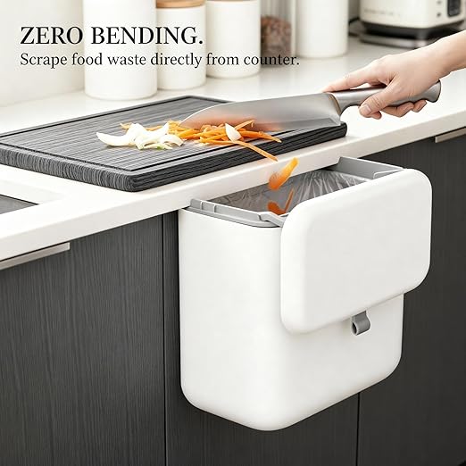 MUEE Hanging Compost Bin [1.3 Gal Solo Size] Food Scraps Collector with Slide Lid - Under Cabinet Small Trash Can for Coffee Station, RV & Studio Apartment - Matte White