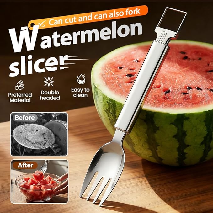 2-in-1 Stainless Steel Fruit Cutter, Upgraded Watermelon Slicer Tool, Portable Fruit Forks for Home, Kitchen and Camping (1 Pcs)