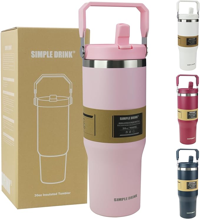 30oz Flip Straw Insulated Tumbler with Handle, Leak Proof Stainless Steel Water Bottle, Double Wall Vacuum Travel Coffee Mug for Cold Drinks, Gym Office Travel Essentials