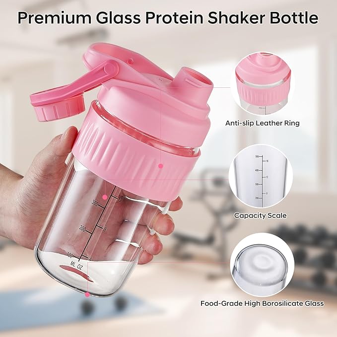 16oz Glass Shaker Bottle for Protein, Small Borosilicate Glass Protein Powder Leak-Proof Shaker Cup Mixes with 304 Blending Ball(16oz,Pink)