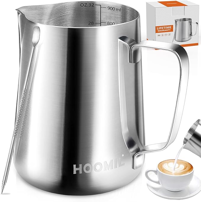 HOOMIL Milk Frothing Pitcher, 12oz/20oz/32oz Stainless Steel Steaming Pitcher Barista Milk Frother Cup Jug for Espresso Machine Coffee Cappuccino Latte Art - 32oz