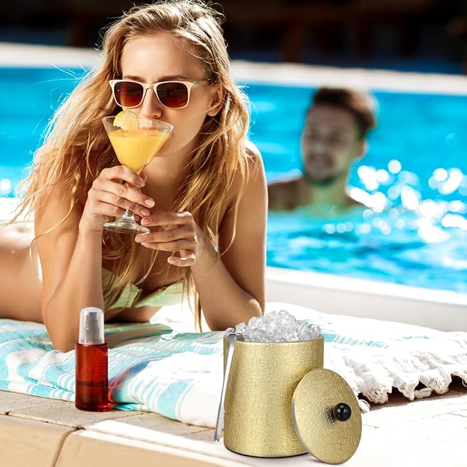 DOITOOL Double Wall Stainless Steel Insulated Ice Bucket with Lid and Ice Tongs for Home Bar Chilling Beer Champagne and Wine Golden