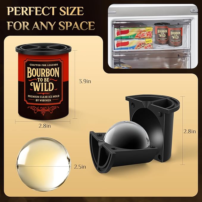 Clear Ice Cube Maker, 2.5" Stainless Steel Crystal Clear Ice Ball Maker, Non-BPA Silicone Ice Cube Molds for Whiskey Easy Release Ice Maker, Bourbon Gifts for Men (Black, 2 PACK-BOURBON)