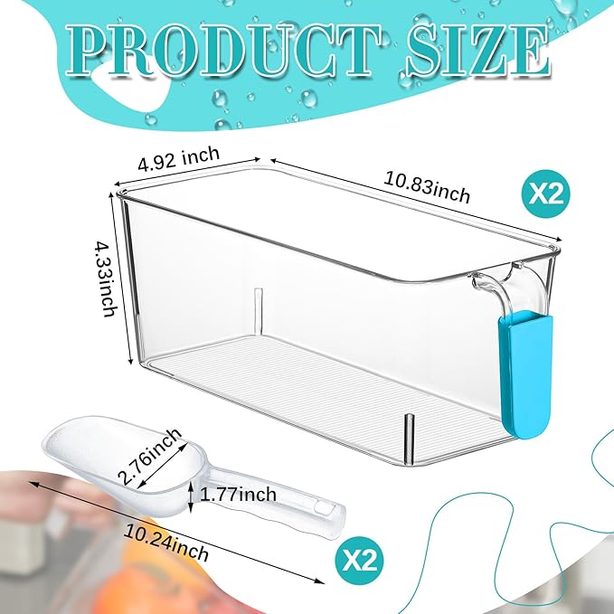 Havawish Ice Storage Bin and Flexible Scoop Set Plastic Freezer Bin with Pull out Handle Storage Bucket Clear for Container with Scoop(Light Blue,10.83 x 4.92 x 4.33 in,Classic)