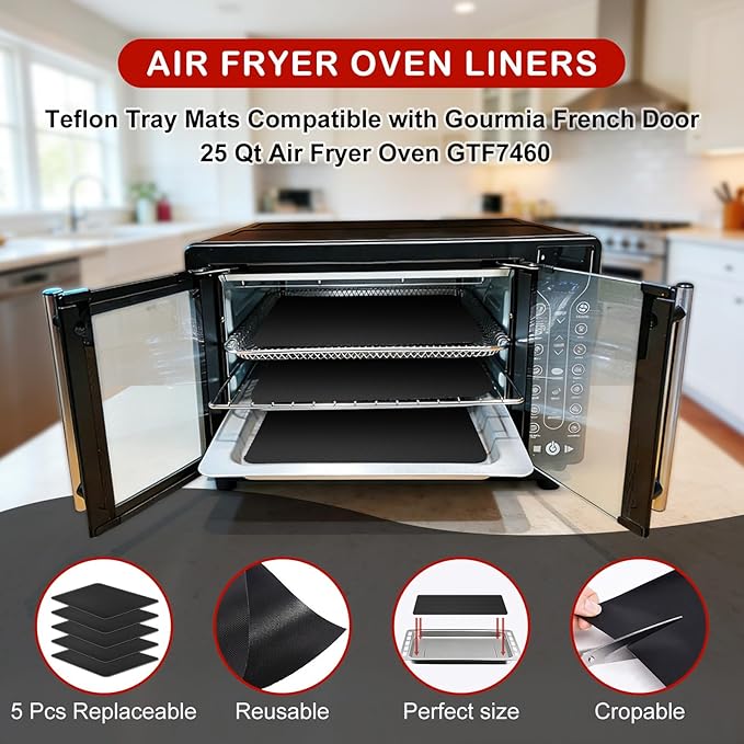 5pcs Teflon Air Fryer Liner for Gourmia GTF7460 Toaster Oven Air Fryer Combo, Reusable Nonstick Oven Mat, Heat Resistant Air Fryer Sheets, Compatible with Gourmia French Door Air Fryer Accessories