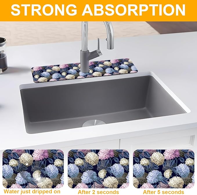 2 Pack Vintage Hydrangea Sink Faucet Absorbing Mat Colorful Hydrangeas Super Absorbent Fast Drying Mat Sink Gadgets Behind Faucet Sinkmat for Kitchen Bathroom, 23.5"x5.5"