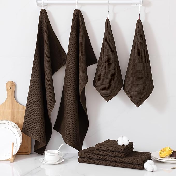 Homaxy 100% Cotton Kitchen Towels and Dishcloths Set, 12 x 12 Inches and 13 x 28 Inches, Set of 10 Bulk Kitchen Towels Set, Ultra Soft Absorbent Dish Cloths for Washing Dishes, Dark Brown