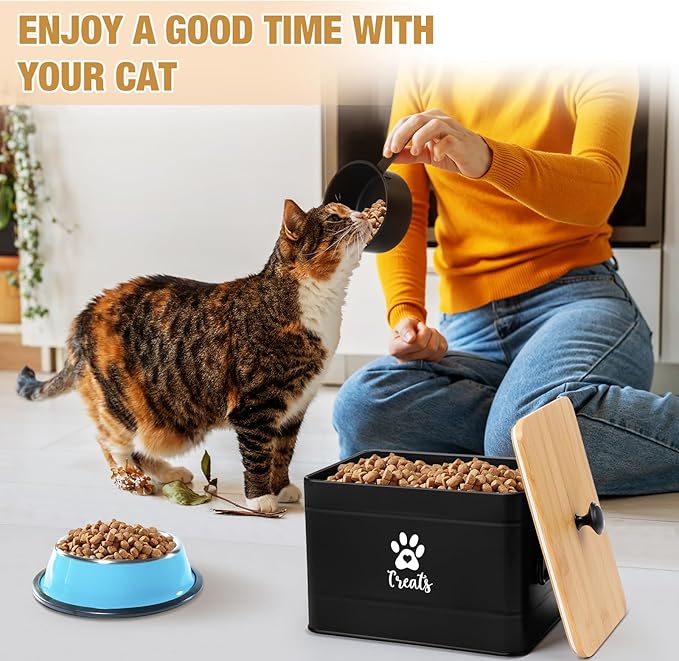 Reallnaive Extra Large Metal Cat Food Containers Airtight 12+3.5 lbs Cat Treat Snack Jars Set of 2 with Bamboo Lids and Spoons Farmhouse Big Pet Cookie Storage Jars for Kitchen Counter Gifts(Black)