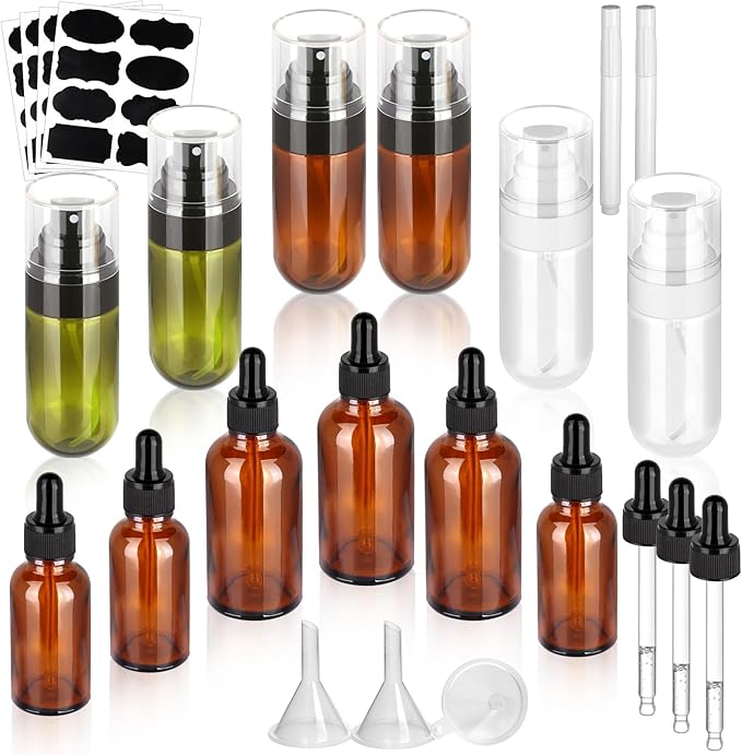 Sublaga Mini Spray Bottle, 24Pcs Spray Bottle & Essential Oil Bottle Kit with Dropper, Funnel, 4 Sheet Stickers, 2 Marker pen