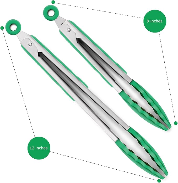 2 Pack Silicone Kitchen Tongs – 9" & 12" Set, Heat Resistant up to 500°F, Non‑Stick Cookware Safe, Wavy Silicone Tips, BPA Free, Locking Clip & Hanging Loop, Turquoise