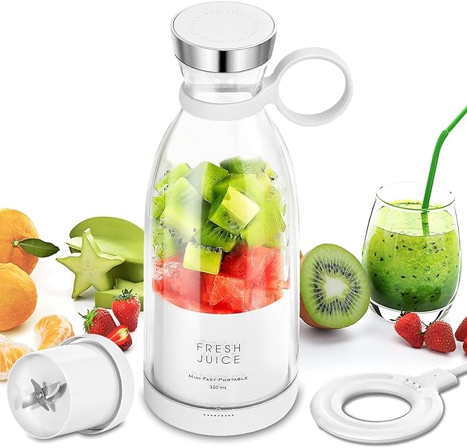 Personal Portable Blender, 350ml USB Rechargeable Smoothie Maker with Stainless Steel Blade, BPA-Free & Easy Clean, Compact Travel Cup for Gym, Office, Home (White).