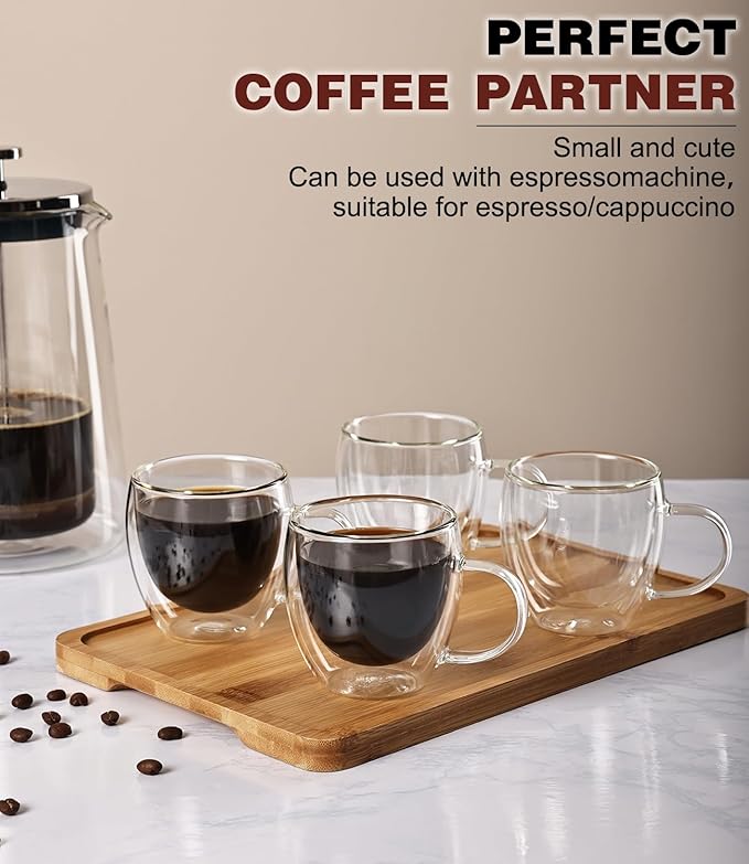 Espresso Cups Set of 4,5oz Hand Blown Double Walled Insulated Espresso Coffee Mugs with Handle,Perfect for Cappuccino, Latte, Tea, Clear Glass Espresso Shot Cups Suitable for Coffee