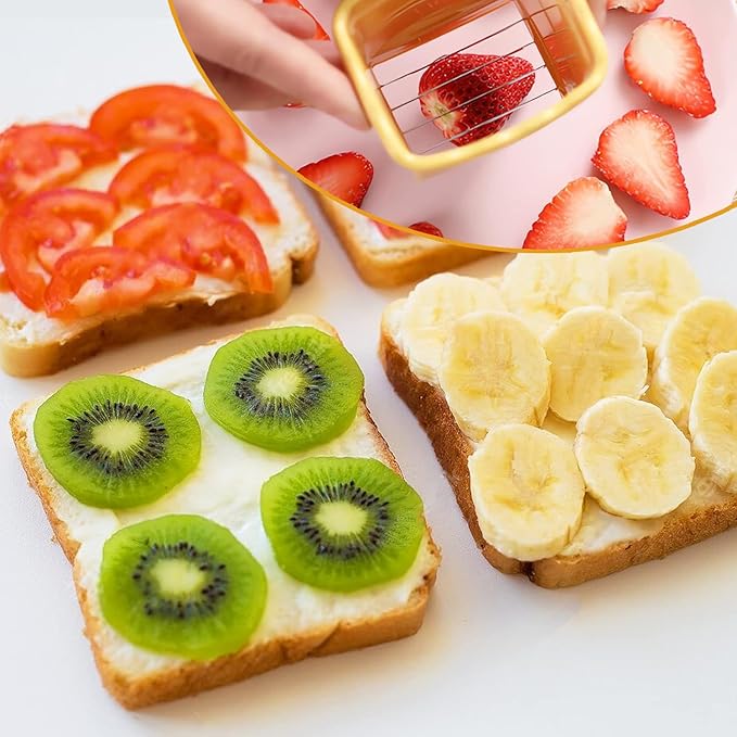 3-in-1 Strawberry, Egg & Cup Slicer - Sharp Stainless Steel Blade for Soft Fruits like Banana & Kiwi - Quick Fruit Salad Maker (Yellow/Green/Navy Blue)
