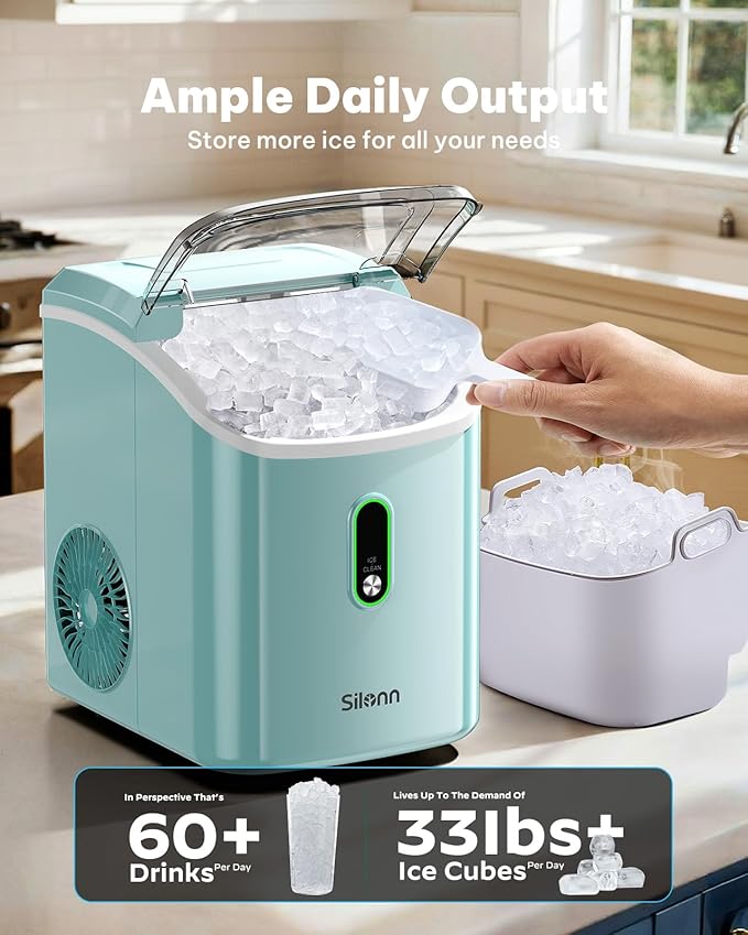Silonn Nugget Ice Maker Countertop, Pellet Ice Machine with Self-Cleaning Function, Sonic Ice Maker Produces 33lbs of Chewable Ice in 24 Hours, Ideal for Home Kitchen and Office (Green)