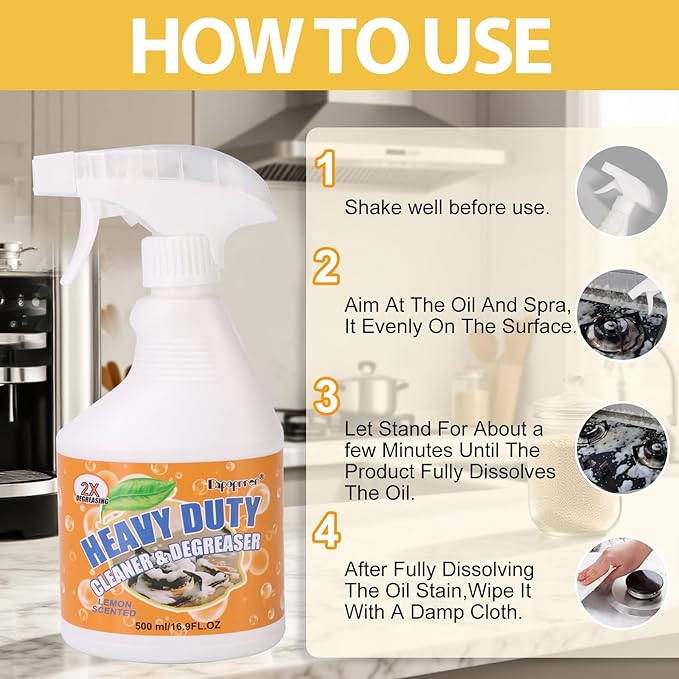 500ml Powerful Kitchen Degreaser Foam Spray – Heavy Duty Cleaning Spray - For Stubborn Splatters, Stove Top, Grill, Drip Pans, & Oven - On All Surfaces ，Lemon Fresh Scent