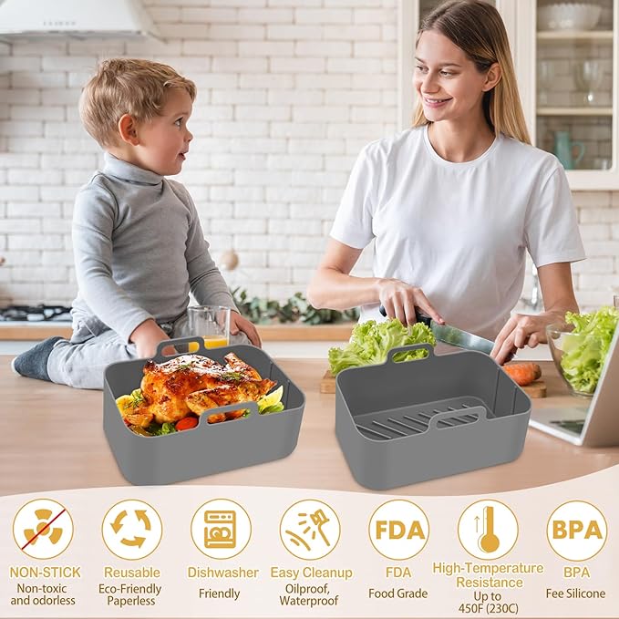 Silicone Air Fryer Liners 10QT, Reusable Airfryer Basket Liners Rectangular for Ninja DZ550/DZ401, 2Pcs 5QT Large Air Fryer Accessories,Replacement Basket Insert with Magnetic Cheat Sheet (2 Pcs Grey)