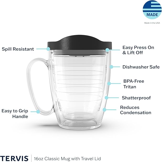 Tervis Clear & Colorful Lidded Made in USA Double Walled Insulated Tumbler Travel Cup Keeps Drinks Cold & Hot, 16oz Mug, Turquoise Lid