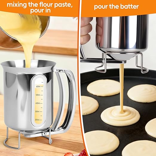 32oz Stainless Steel Pancake Batter Dispenser with Handle, Visible Scale Design, Pancake Mix Dispensers for Funnel Cake, Pancakes, Cupcakes, Waffles, Crepes, 900ml